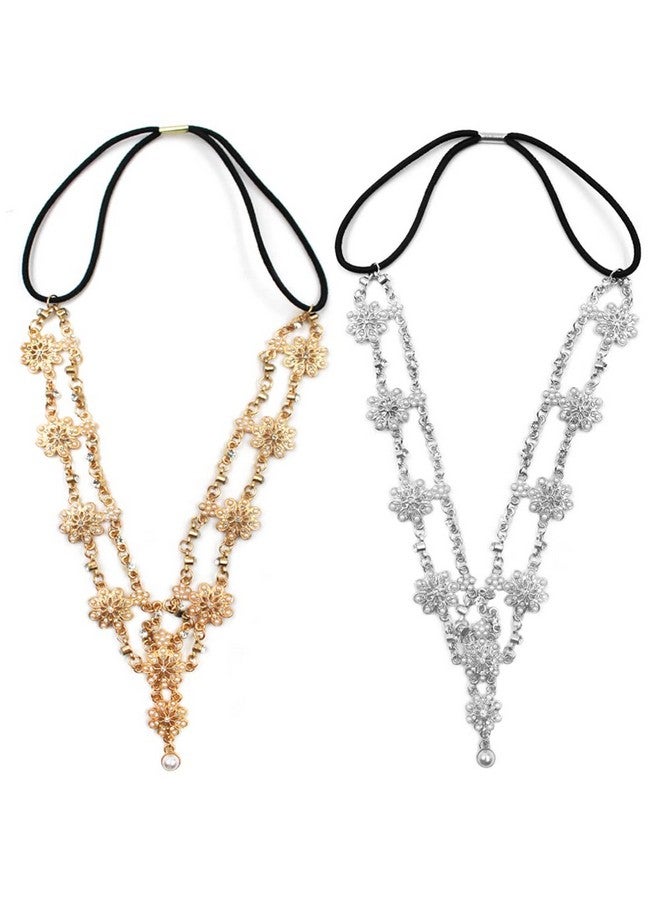 DanziX سلسلة إكليل زفاف من قطعتين مزينة بالزهور مجوهرات رأس قطع شعر كريستال لؤلؤ سلسلة رأس إكليل ملحقات شعر العروس (ذهبي فضي) - Image 2