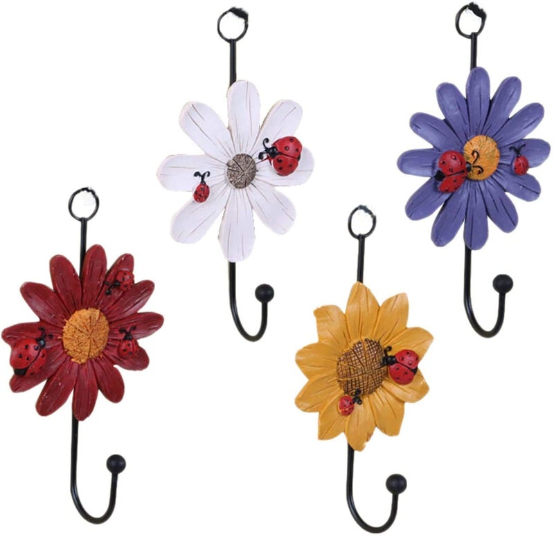 OPENDGO Creative Daisy Resin Wall Hooks Wall Mounted Art Flower Iron Hook Hand-Painted Hanging Coat / Hat /Key/ Towel Hooks Home Decoration(Set of 4) - Image 1