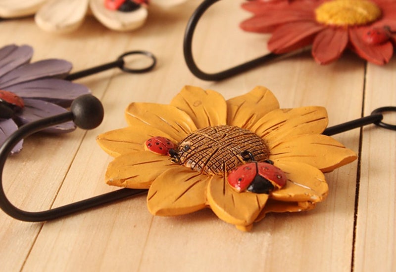 OPENDGO Creative Daisy Resin Wall Hooks Wall Mounted Art Flower Iron Hook Hand-Painted Hanging Coat / Hat /Key/ Towel Hooks Home Decoration(Set of 4) - Image 2
