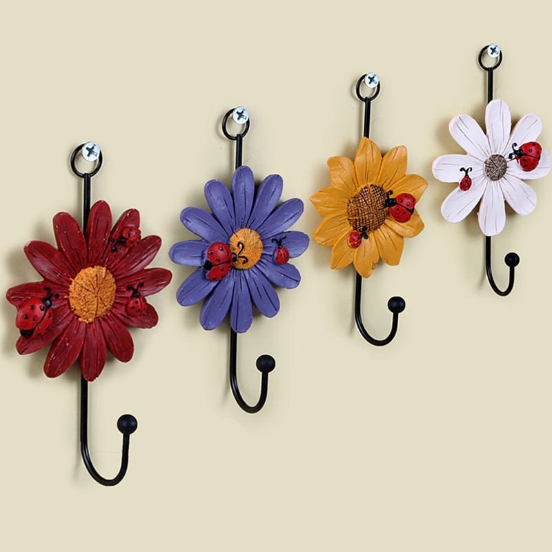 OPENDGO Creative Daisy Resin Wall Hooks Wall Mounted Art Flower Iron Hook Hand-Painted Hanging Coat / Hat /Key/ Towel Hooks Home Decoration(Set of 4) - Image 3