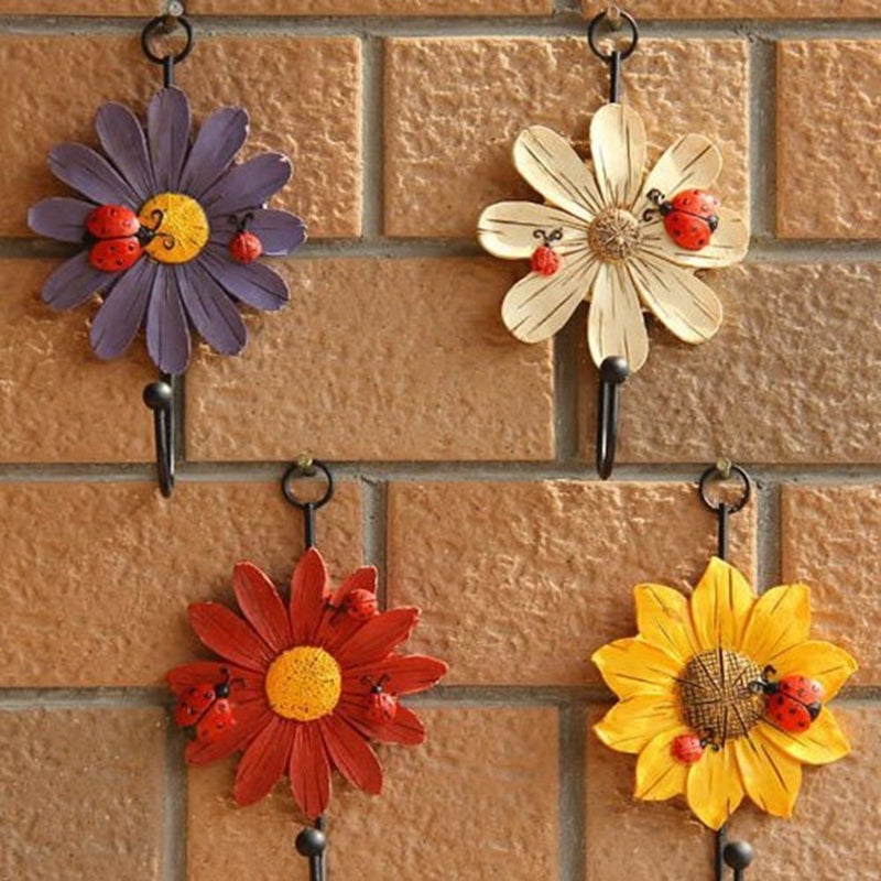 OPENDGO Creative Daisy Resin Wall Hooks Wall Mounted Art Flower Iron Hook Hand-Painted Hanging Coat / Hat /Key/ Towel Hooks Home Decoration(Set of 4) - Image 4