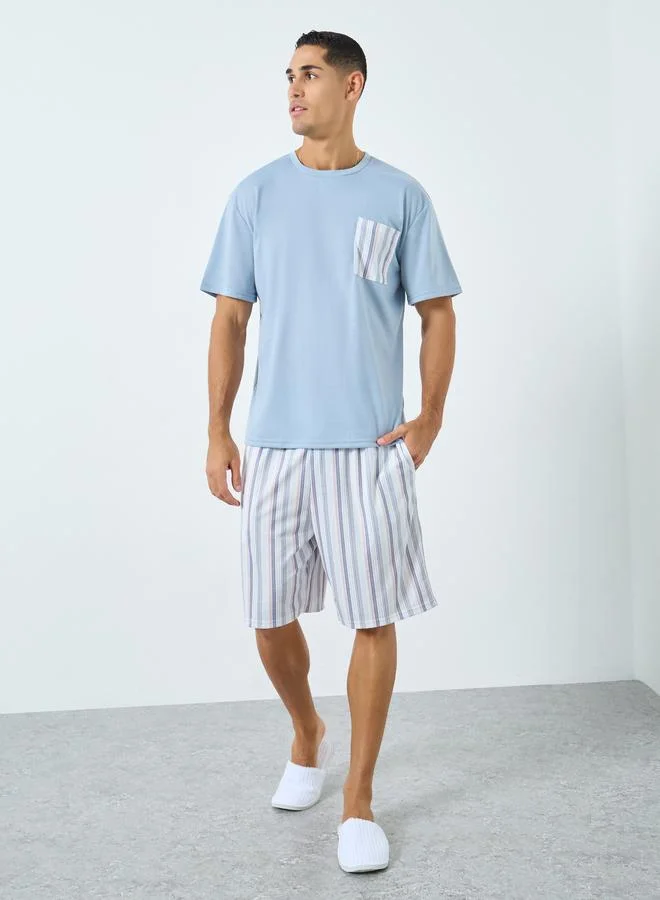 Styli Men Light Blue T-Shirt and Striped Pyjama Set