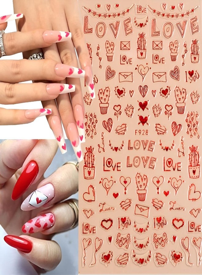 SPLOCUDU 8 Sheets Red Heart Nail Art Stickers Valentine's Day Nail Decals 3D Self-Adhesive Pegatinas Uñas Red Heart Love Nail Supplies Nail Art Design Decoration Accessories for Women - Image 3
