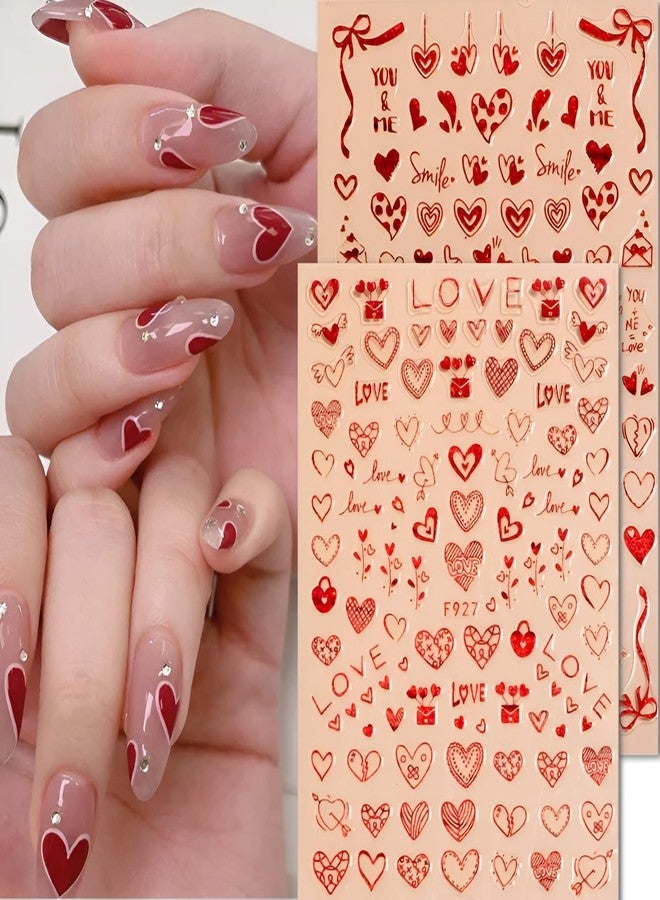 SPLOCUDU 8 Sheets Red Heart Nail Art Stickers Valentine's Day Nail Decals 3D Self-Adhesive Pegatinas Uñas Red Heart Love Nail Supplies Nail Art Design Decoration Accessories for Women - Image 2