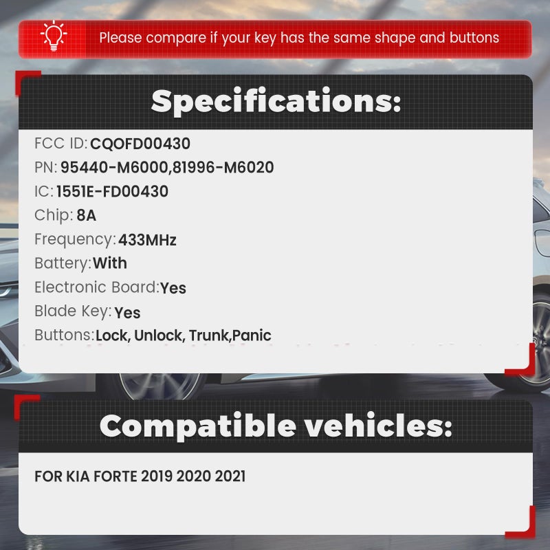 Beefunny Keyless Entry Remote Key Fob Replacement for Kia Forte 2019 2020 2021 Smart Car Key 433MHz 8A Chip FCC ID:CQOFD00430 P/N:95440-M6000 (1) - Image 2
