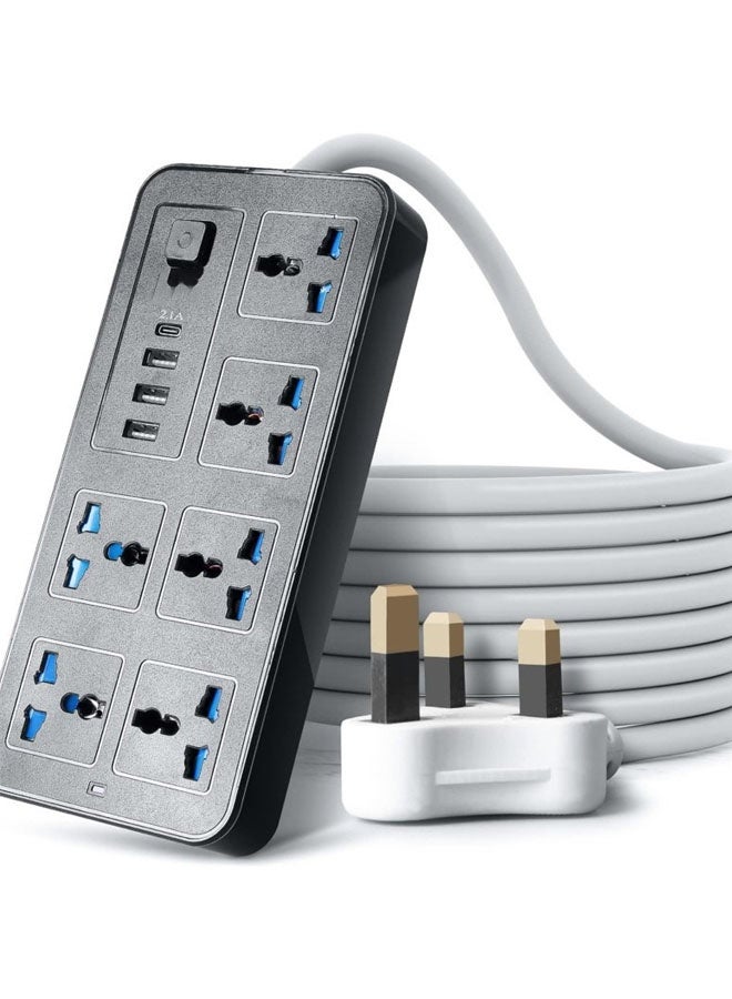 Bukela 2 meters Universal Extension Lead with Multiple Function UK Plug 3 Pin Socket Outlet with 6 Gang 3 USB Port 1 Type-C Port 2M Electric Socket Mains Strip for Home Kitchen and Office 2 meters - Image 1