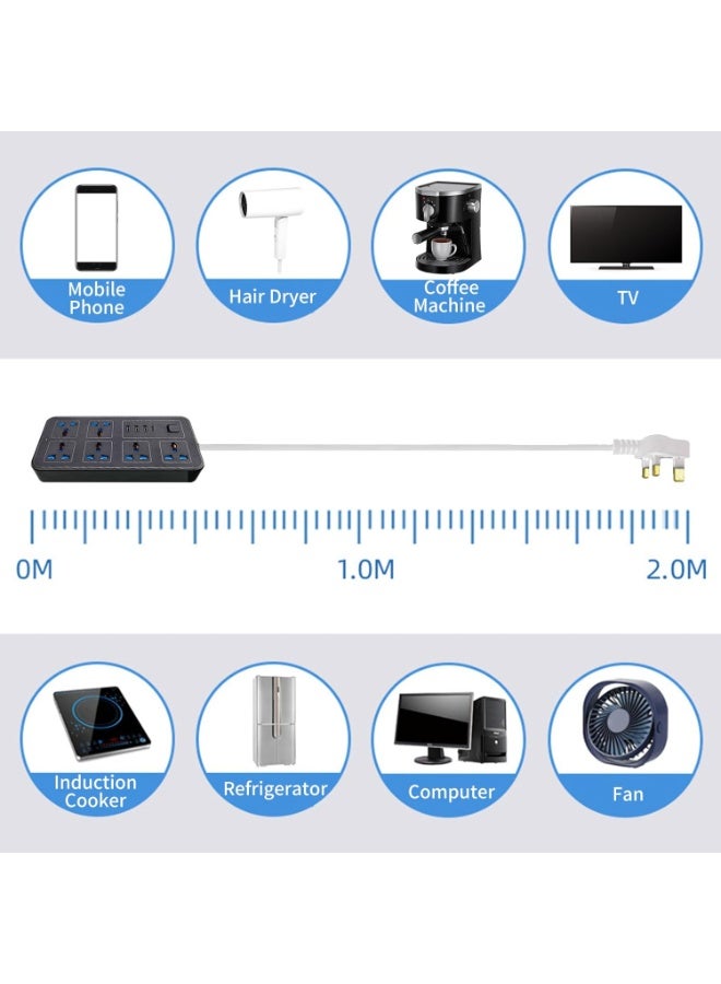 Bukela 2 meters Universal Extension Lead with Multiple Function UK Plug 3 Pin Socket Outlet with 6 Gang 3 USB Port 1 Type-C Port 2M Electric Socket Mains Strip for Home Kitchen and Office 2 meters - Image 2