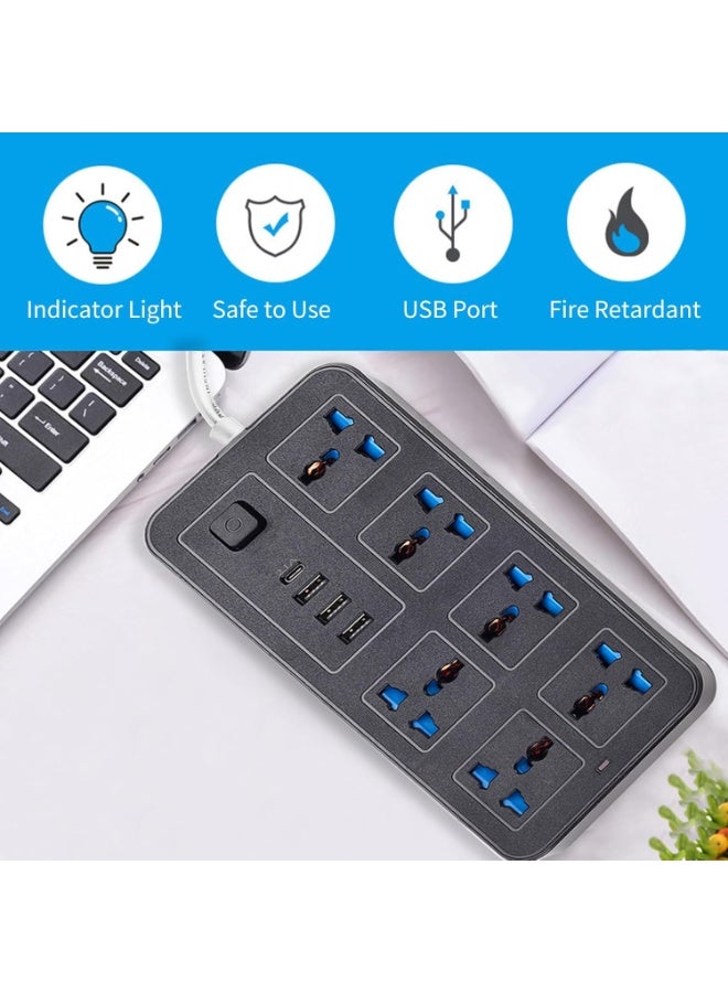 Bukela 2 meters Universal Extension Lead with Multiple Function UK Plug 3 Pin Socket Outlet with 6 Gang 3 USB Port 1 Type-C Port 2M Electric Socket Mains Strip for Home Kitchen and Office 2 meters - Image 5