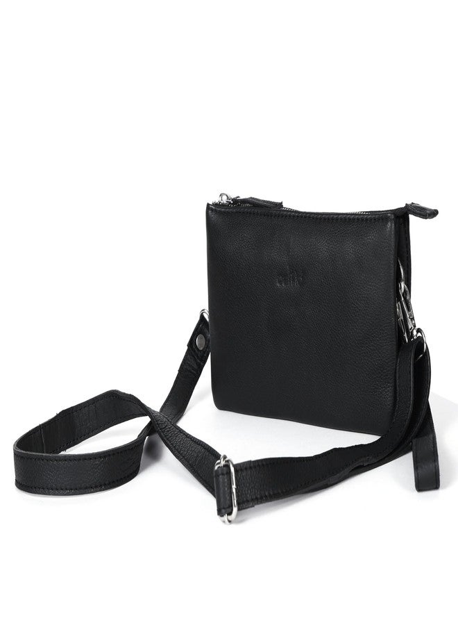 Celtic Premium Black Genuine Leather Sling Clutch with Dual Zip Compartments & Adjustable Strap - Image 2