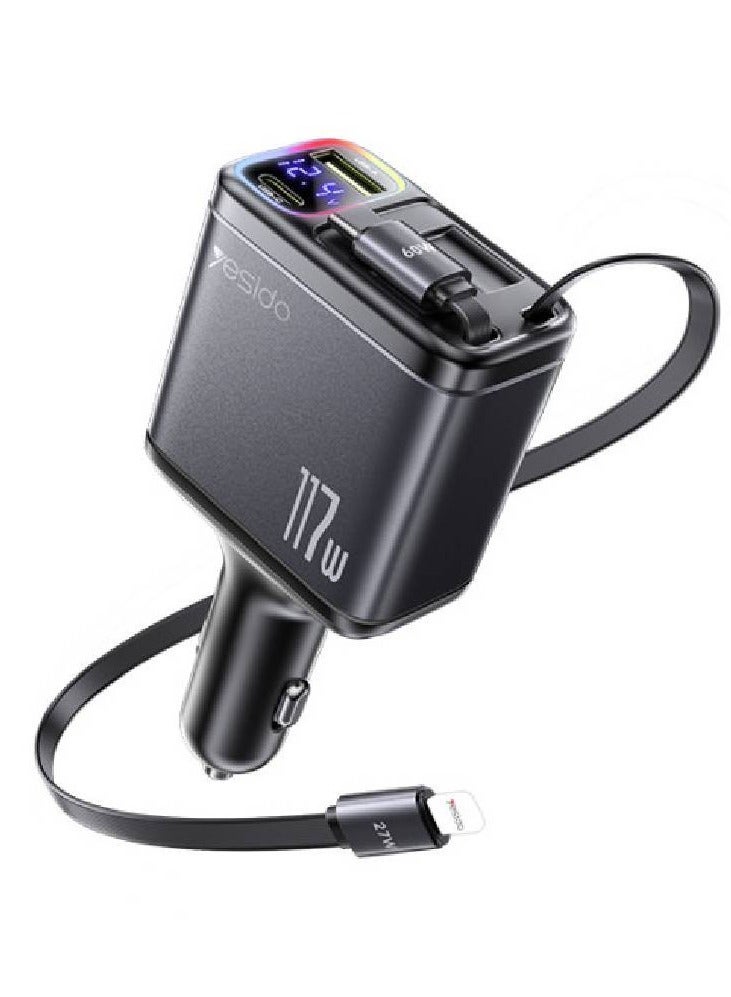 Yesido Y63 117W Fast Charging Car Charger with LED Power Display – Telescopic Cable with USB and Type-C Ports – High-Speed Dual-Port Charger for Smartphones, Tablets, and USB-C Devices – Compact and Durable In-Car Power Solution for Quick Charging - Image 1