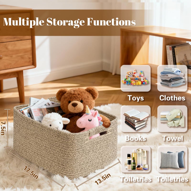 Degeyoyo 2 Pack Large Storage Basket for Organizing, 17.5"x13.5"x7.5" Woven Basket for Shelves, Closet Cube Storage Bins with Wrapped Handle, Cotton Rope Baskets for Kitchen, Clothes, Toys (Natural) - Image 2