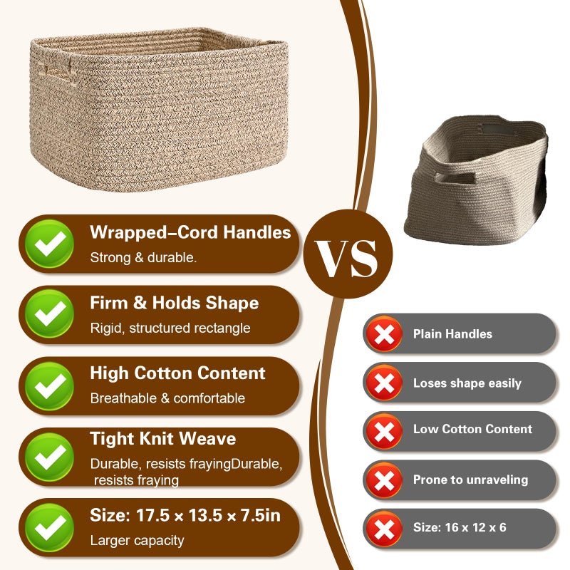 Degeyoyo 2 Pack Large Storage Basket for Organizing, 17.5"x13.5"x7.5" Woven Basket for Shelves, Closet Cube Storage Bins with Wrapped Handle, Cotton Rope Baskets for Kitchen, Clothes, Toys (Natural) - Image 5