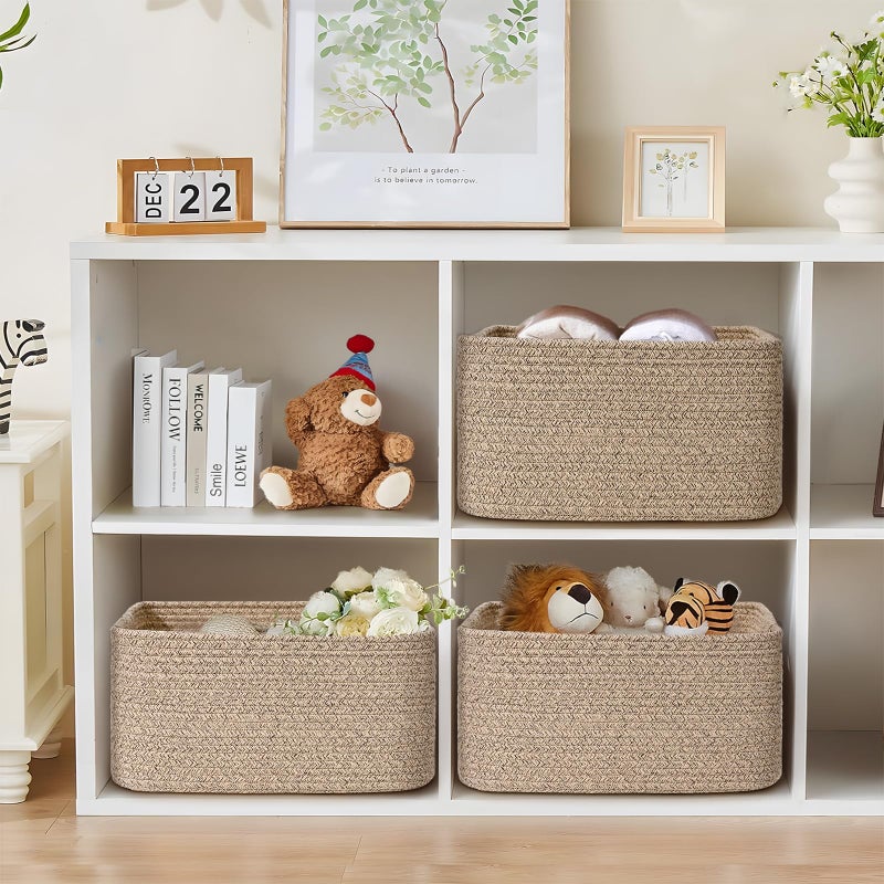 Degeyoyo 2 Pack Large Storage Basket for Organizing, 17.5"x13.5"x7.5" Woven Basket for Shelves, Closet Cube Storage Bins with Wrapped Handle, Cotton Rope Baskets for Kitchen, Clothes, Toys (Natural) - Image 3