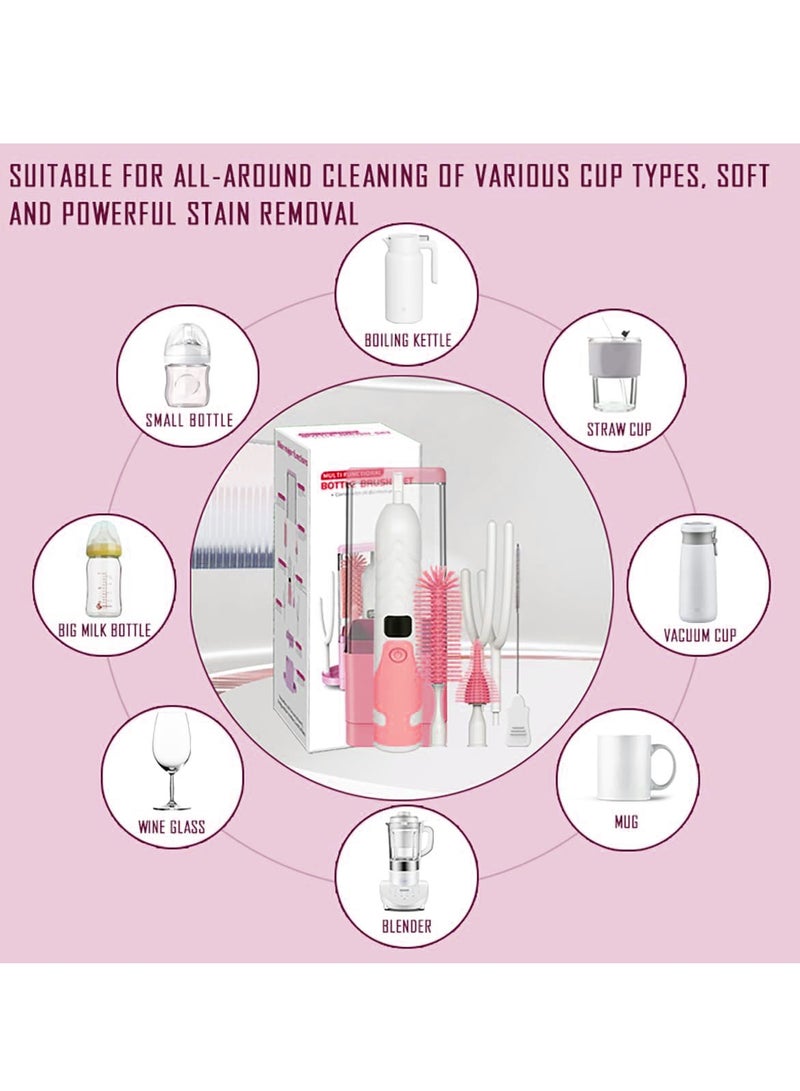 شو وو مجموعة فرشاة زجاجات الأطفال الكهربائية للسفر 5 في 1، منظف زجاجات قابل لإعادة الشحن، رف تجفيف زجاجات محمول، فرشاة حلمة، فرشاة قش، تخزين فرشاة مع تعقيم بالأشعة فوق البنفسجية - Image 4