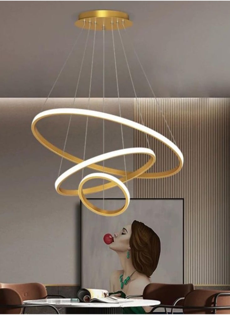 Generic - Modern LED Chandelier for High Ceiling Dimmable Adjustable 3-Ring Pendant Light with Remote Flush Mount Ceiling Light for Dining Room Living Room Foyer Entryway Island Bedroom (Gold) - Image 1