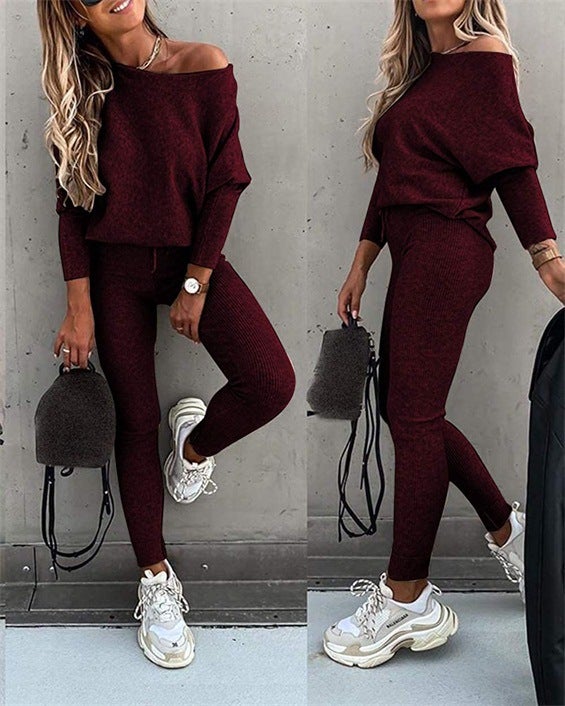 Spot 2022 European and American foreign trade solid color fashion casual lace slant shoulder sports pants long suit women Medium Gray  - Image 2