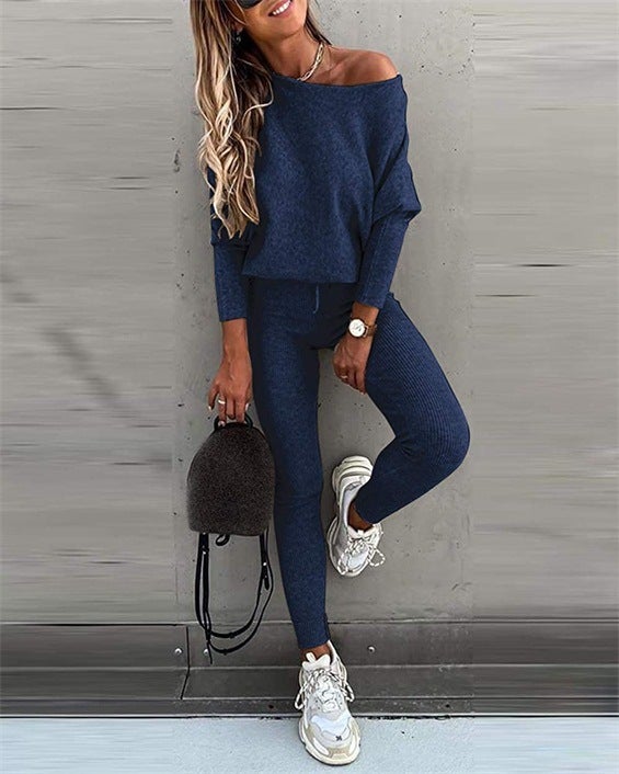 Spot 2022 European and American foreign trade solid color fashion casual lace slant shoulder sports pants long suit women Medium Gray  - Image 5
