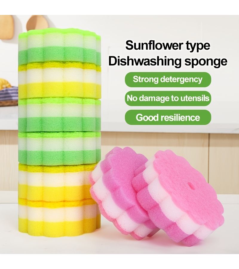 Sunflower Color Three Layer Sponge Wipe Kitchen Scouring Pad Durable Set - Image 1