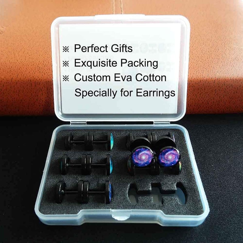 FLYUN Fake Gauges, 6 Pairs Men's Earrings, Faux Plugs Black Stud Surgical Steel Screw Flat Back Punk Earrings Hypoallergenic 18G/1MM - Image 4