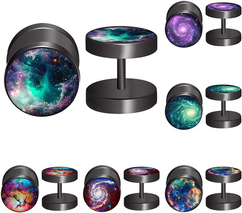 FLYUN Fake Gauges, 6 Pairs Men's Earrings, Faux Plugs Black Stud Surgical Steel Screw Flat Back Punk Earrings Hypoallergenic 18G/1MM - Image 1