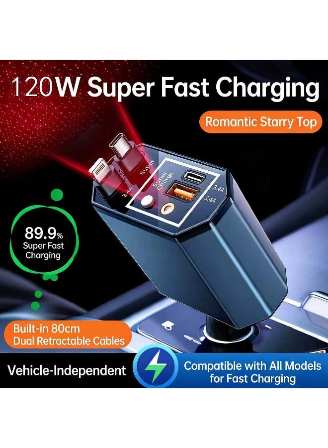 120W PD fast charging dual retractable 80cm Type-C and Lightning data cables, aluminum alloy car charger with USB-A and USB-C ports, four-port output, intelligent charging protection, compatible with all vehicle types, suitable for passenger cars and trucks, cigarette lighter adapter with 4-in-1 design, equipped with romantic starry sky ambient light, ideal gift for business, relatives, friends and festivals.