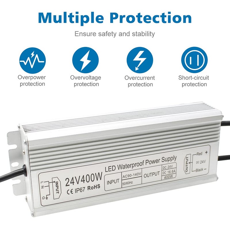 inShareplus 24V 400W LED Power Supply, IP67 Rainproof Waterproof Outdoor Driver,AC 90-140V to DC 24V Low Voltage Transformer, Adapter Converter for LED Light, Computer Project, Outdoor Use - Image 4