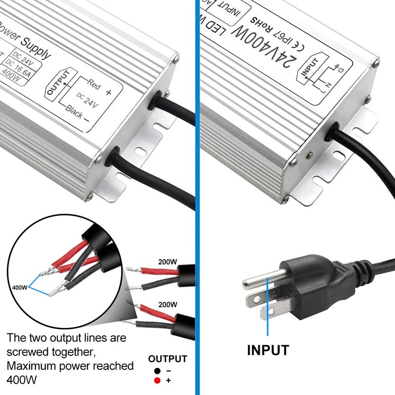 inShareplus 24V 400W LED Power Supply, IP67 Rainproof Waterproof Outdoor Driver,AC 90-140V to DC 24V Low Voltage Transformer, Adapter Converter for LED Light, Computer Project, Outdoor Use - Image 3