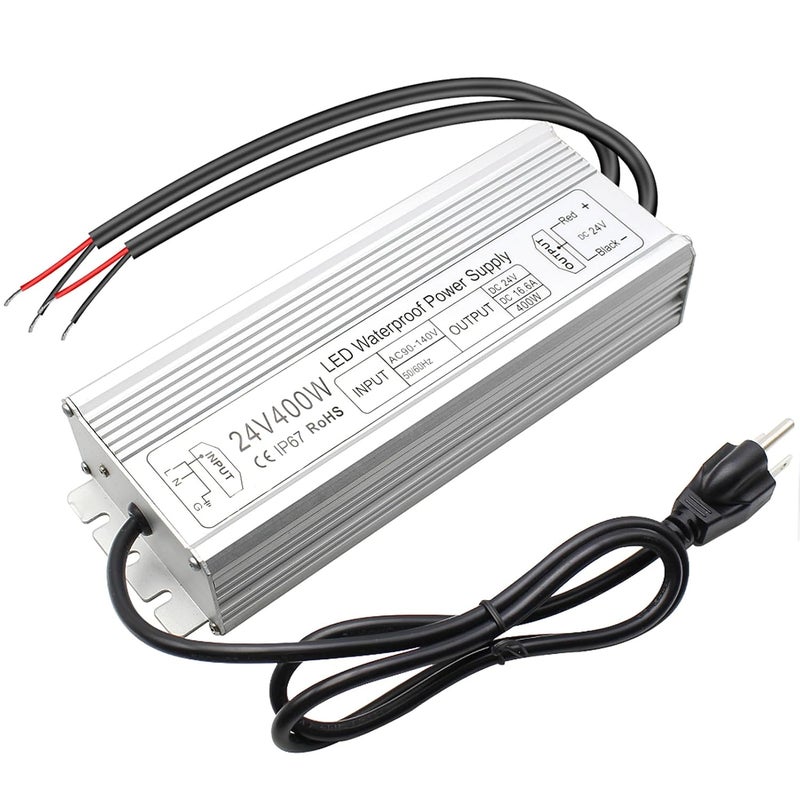 inShareplus 24V 400W LED Power Supply, IP67 Rainproof Waterproof Outdoor Driver,AC 90-140V to DC 24V Low Voltage Transformer, Adapter Converter for LED Light, Computer Project, Outdoor Use - Image 1