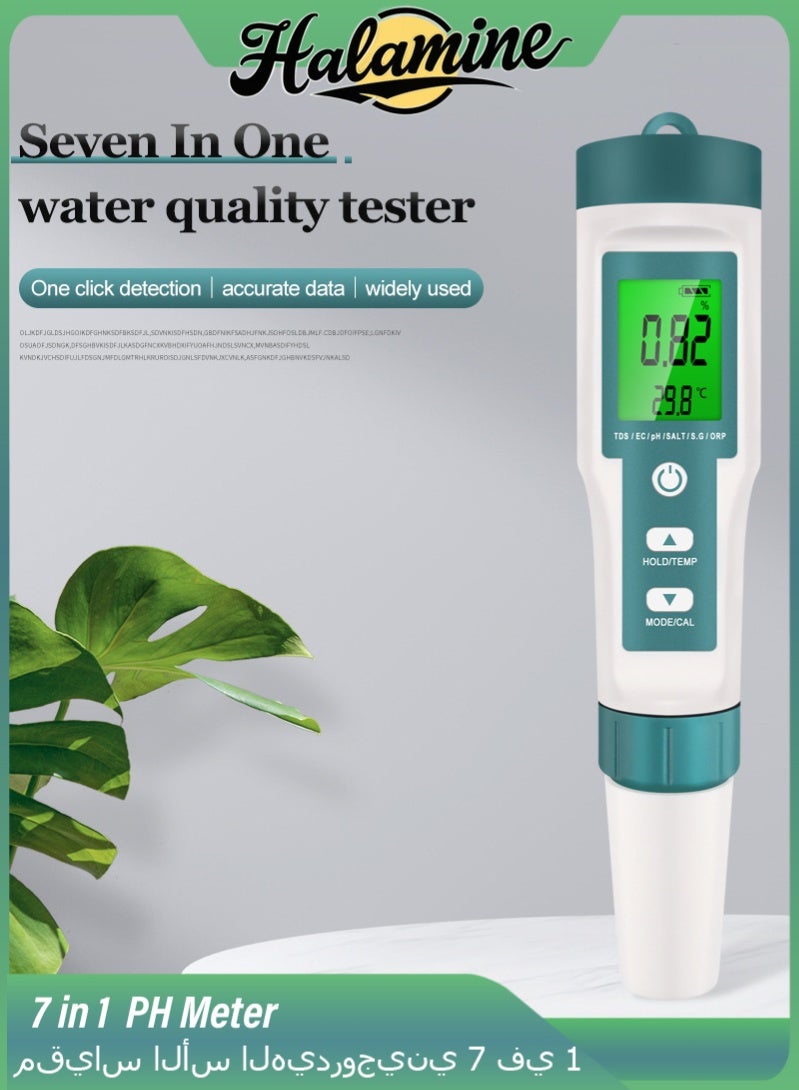 Halamine 7 in 1  PH Meter，PH/TDS/EC/ORP/S.G/Salinity/Temperature Multi-Parameter Pocket Water Quality Tester with Electrode Replaceable C-600 PH Meter for Pools Drinking Water Aquariums with Backlight - Image 1