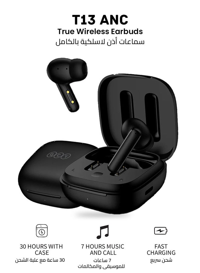 T13 ANC Bluetooth Earphones, Active Noise Cancelling Wireless Earbuds, Gaming In Ear Earphones, 4 Mics Clear Calls, 7H Music Time Black