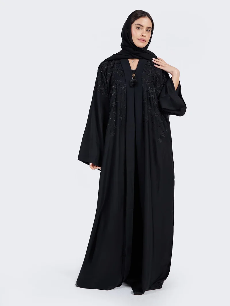 Reem Abayas Black Floral Lace Appliqué Formal Abaya