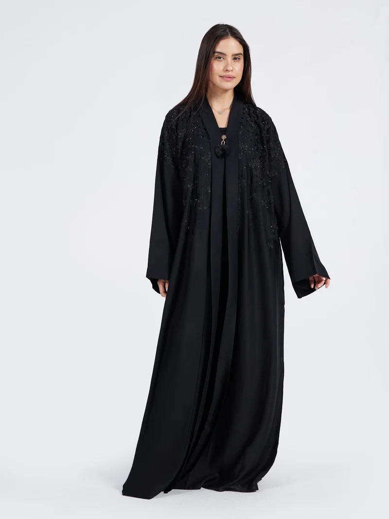 Reem Abayas Black Floral Lace Appliqué Formal Abaya