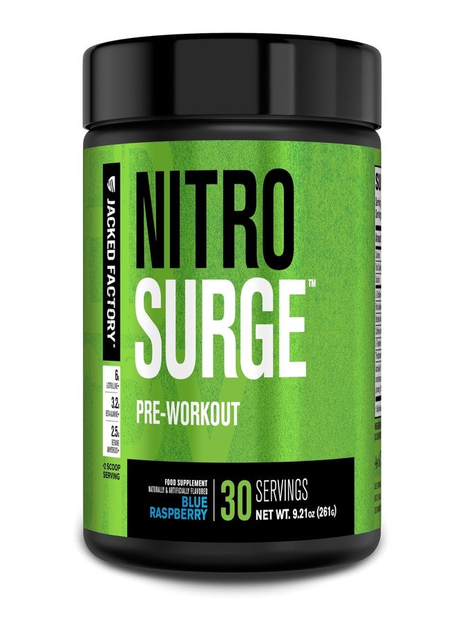Jacked Factory NITROSURGE Pre Workout Supplement - Energy Booster, Instant Strength Gains, Clear Focus & Intense Pumps - NO Booster & Powerful Preworkout Energy Powder - 30 Servings, Blue Raspberry - Image 1