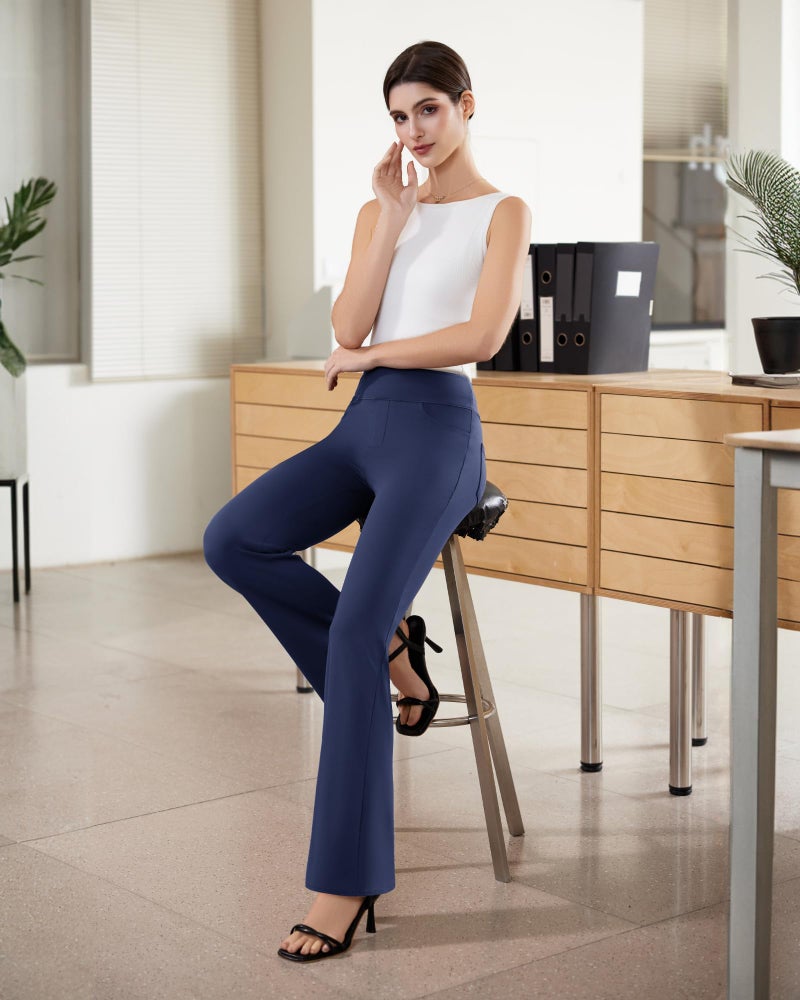 DLOODA Womens Dress Pants Stretchy Work Pants Business Casual Office Trousers Pull On Flare Slacks with 4 Pockets Navy Blue - Image 3