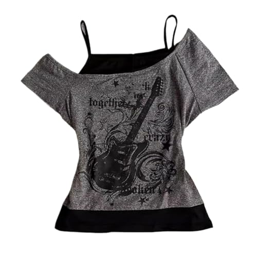 MANGMAO Emo Grunge Shirts Women 2000s Graphic Baby Tees Fake Two Piece Short Sleeve Vintage Y2k Crop Top Goth Alt Clothes (Grey Black,L,Large) - Image 1