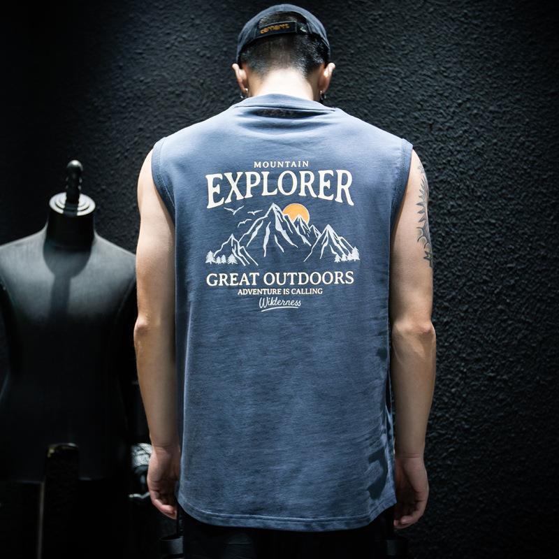 Spring and Summer sleeveless T-shirt vest mens loose fashion brand ins plus size waistcoat half sleeve American sports short sleeve T-shirt 12 Blue [EXPLORER]] - Image 1