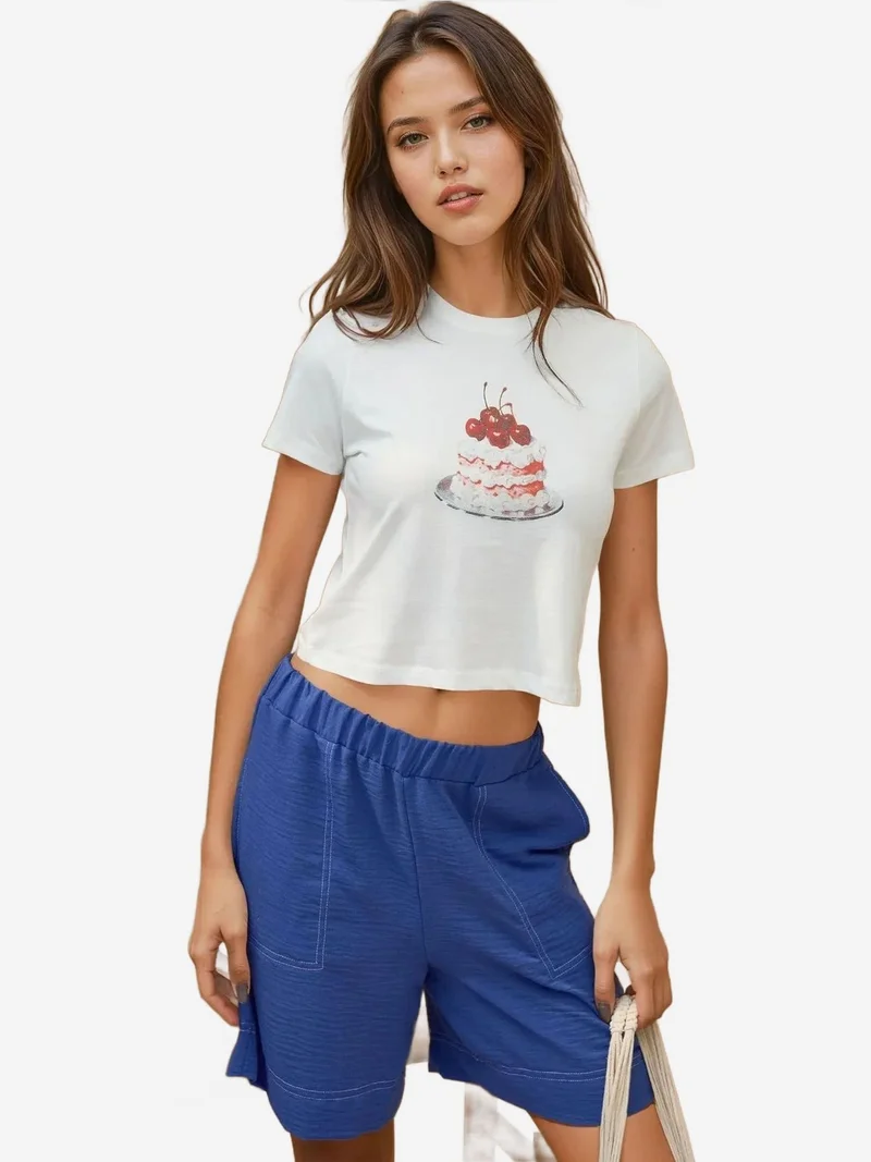 هيكاب تيشيرت قصير قطن % بقصة عادية وياقة دائرية مطبوع