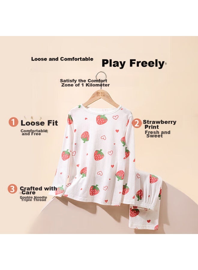 Top melon Dingguagua Top Girl's Pajama Set, Pure Cotton, Summer Thin, Long Sleeve, Long Pants, Air Conditioning Wear, Loungewear, White, 120 - Image 1