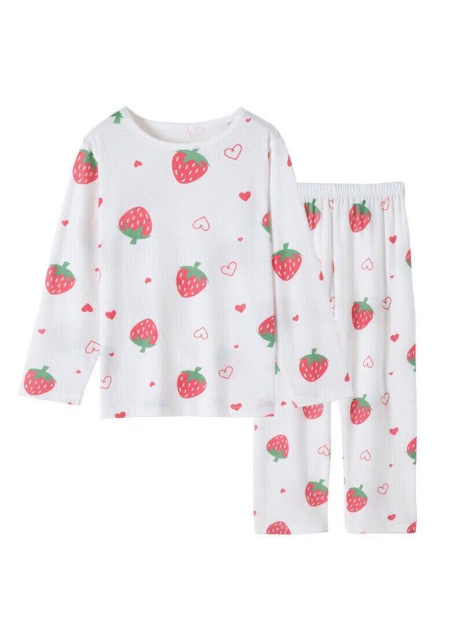 Top melon Dingguagua Top Girl's Pajama Set, Pure Cotton, Summer Thin, Long Sleeve, Long Pants, Air Conditioning Wear, Loungewear, White, 120 - Image 3