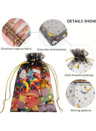 100Pcs Organza Bags with Moon Star Print, 12x9 cm Drawstring Gift Pouches for Wedding Party Favors, Jewelry Candy Bags(Sheer Black) - view 3