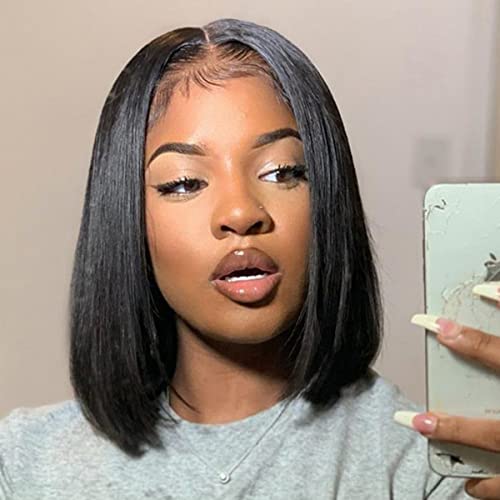 ISEE Hair Glueless Wear and Go Wigs for Beginners Lace Front for Black Women Human Hair Short Straight Bob Human Hair Wigs Lace Pre Cut 14 Inch - Image 1