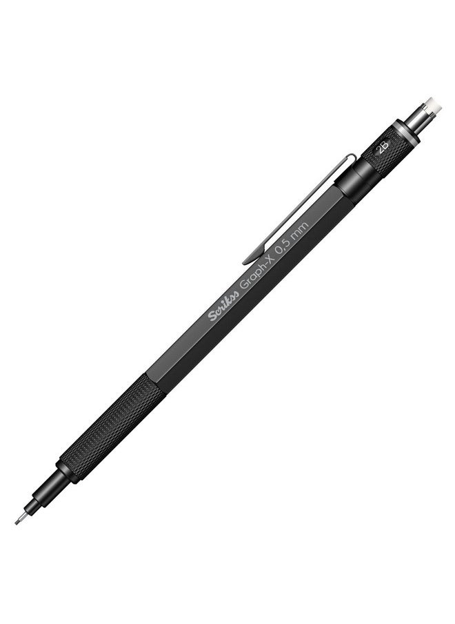 Scrikss Scrikss 0.5mm Mechanical Clutch Lead Pen Pencil Matt Black Brass Body Push Mechanism Graph-X Series Eraser Included  - Image 2
