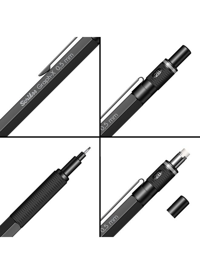 Scrikss Scrikss 0.5mm Mechanical Clutch Lead Pen Pencil Matt Black Brass Body Push Mechanism Graph-X Series Eraser Included  - Image 5