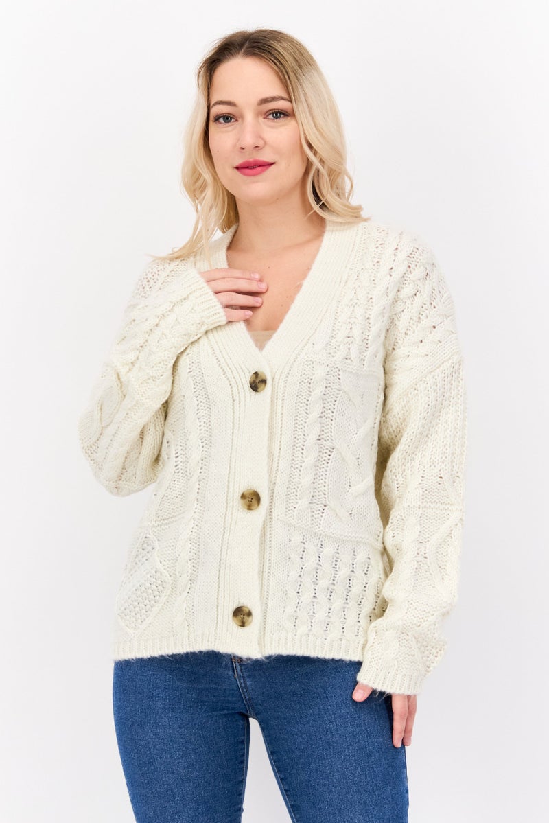DEX Women V Neck Textured Cardigans, Off White - Image 1