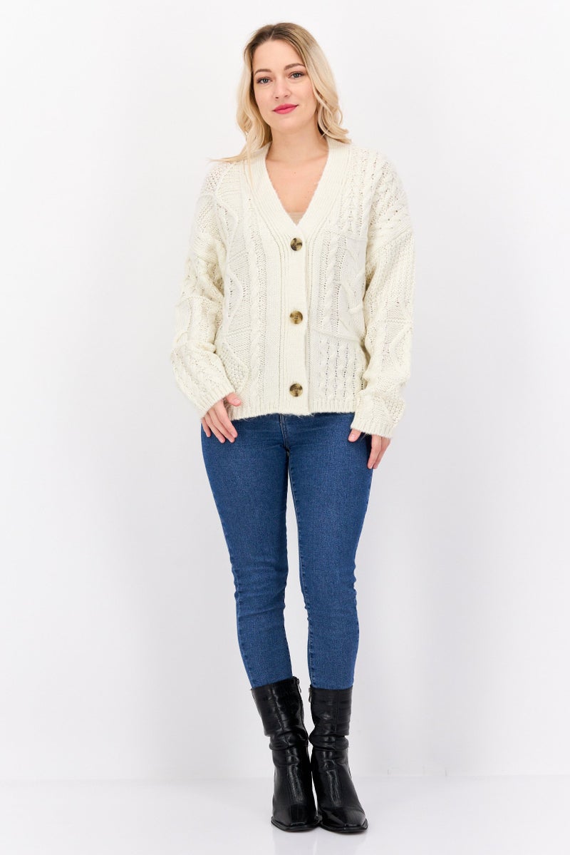 DEX Women V Neck Textured Cardigans, Off White - Image 4