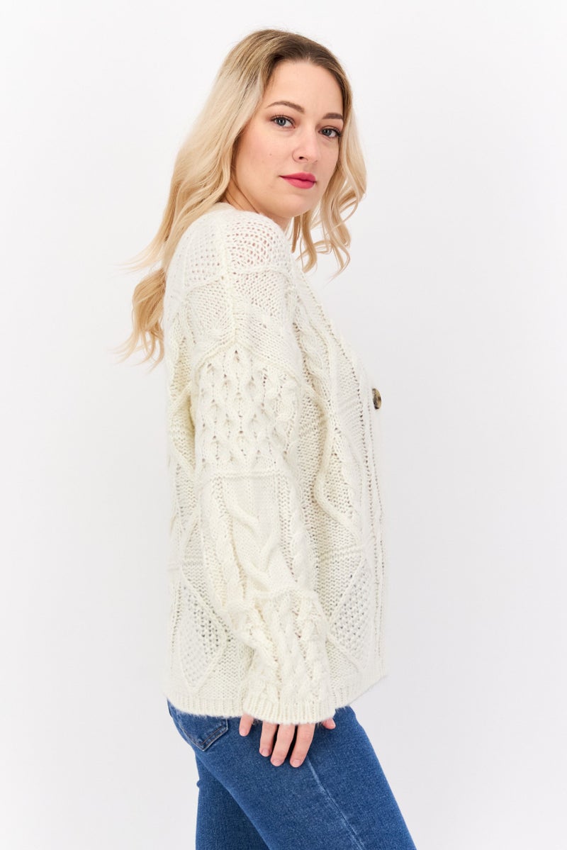 DEX Women V Neck Textured Cardigans, Off White - Image 2