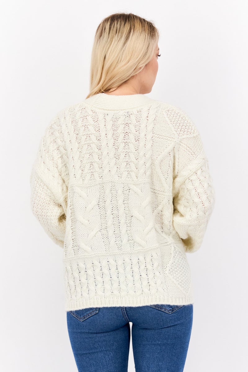 DEX Women V Neck Textured Cardigans, Off White - Image 3