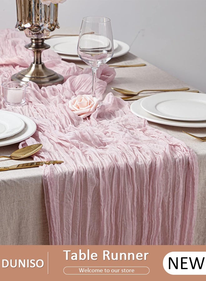 DUNISO Crinkle Voile Table Runner 35x118 Inch, Sheer Chiffon Table Scarf for Wedding Party Decor  Boho Gauze Tablecloth for Birthday Baby Shower，Dining Decor， Valentine’s Day， Easter，Pink - Image 1