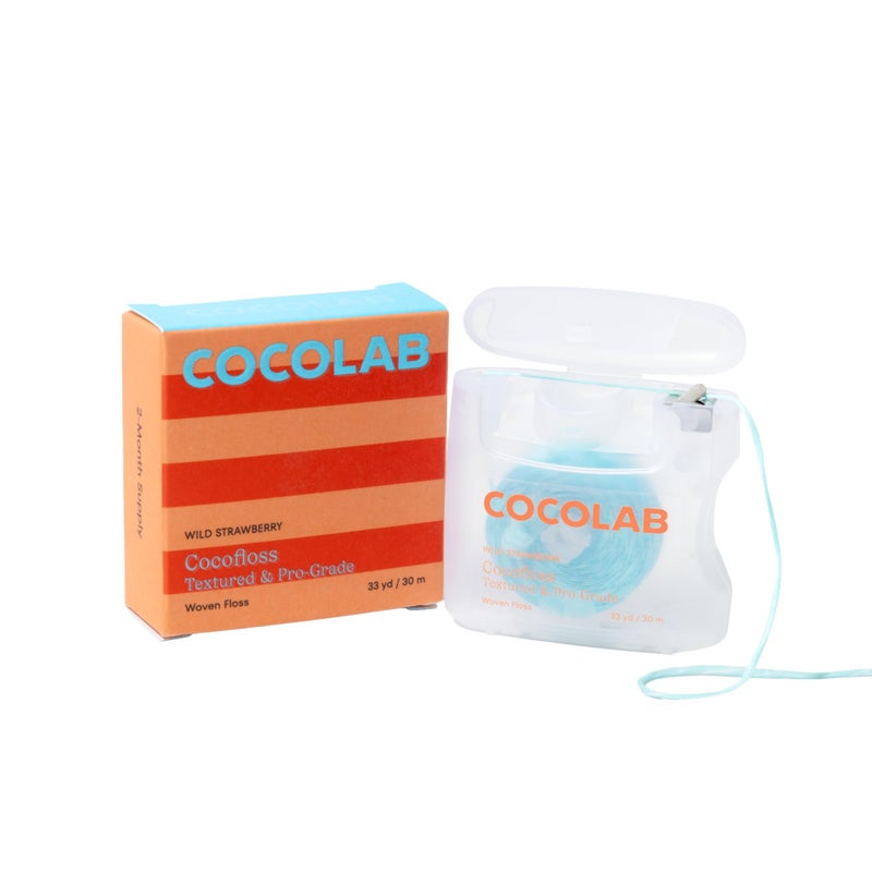 Cocofloss Woven Dental Floss, Dentist-Designed Oral Care, Strawberry Scent, Waxed, Expanding, Kid-Friendly String Floss with Coconut Oil, 1 Spool (33 yd) - Image 1