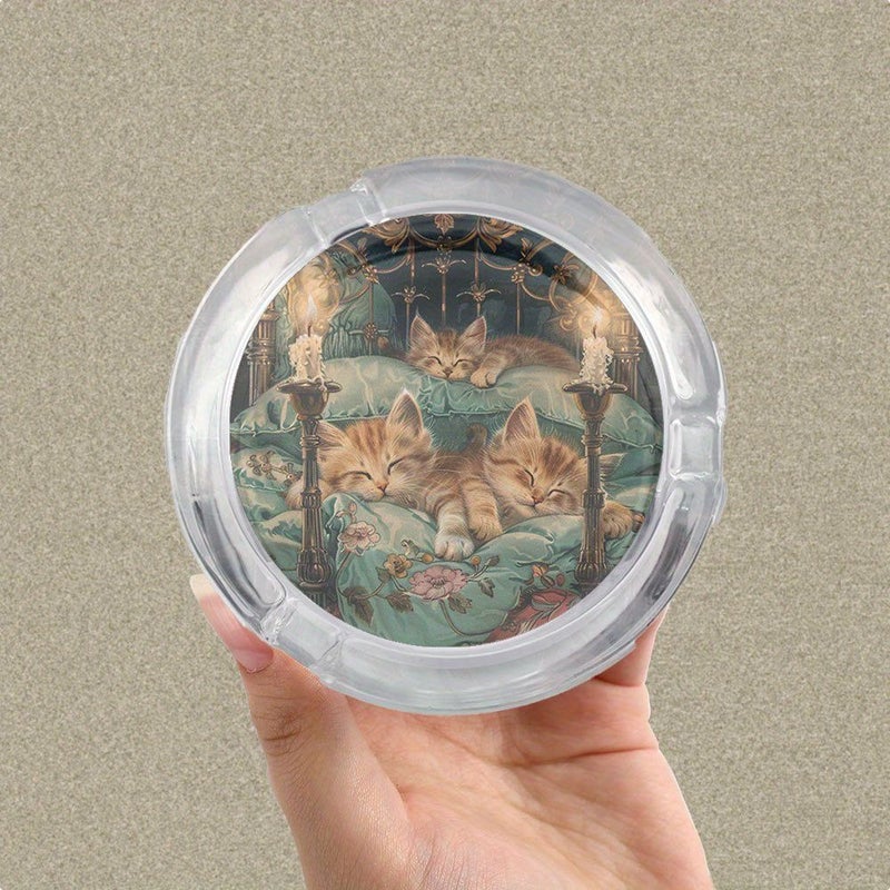 1 Round Cute Sleeping Cat Pattern Ashtray Non Slip Base Home Office Bar Decor Floral Bed Scene Design Unique Gift For Cat Lovers Unisex Exquisite Craftsmanship - Image 2